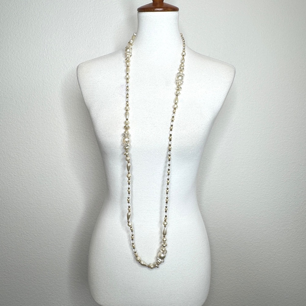 Vintage Faux Pearl Long Necklace Gold Colored Beads - Picture 2 of 6
